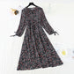 New long sleeve waistband lace up thin Chiffon gentle wind Floral Dress  4719