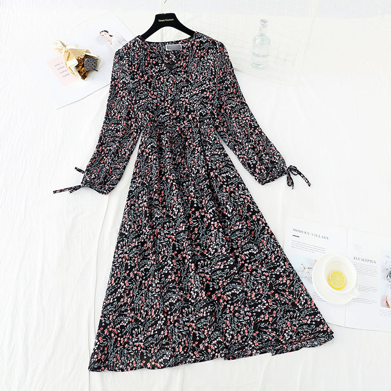 New long sleeve waistband lace up thin Chiffon gentle wind Floral Dress  4719