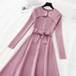 Hollow out pearl button slim waist over knee wool dress  4751