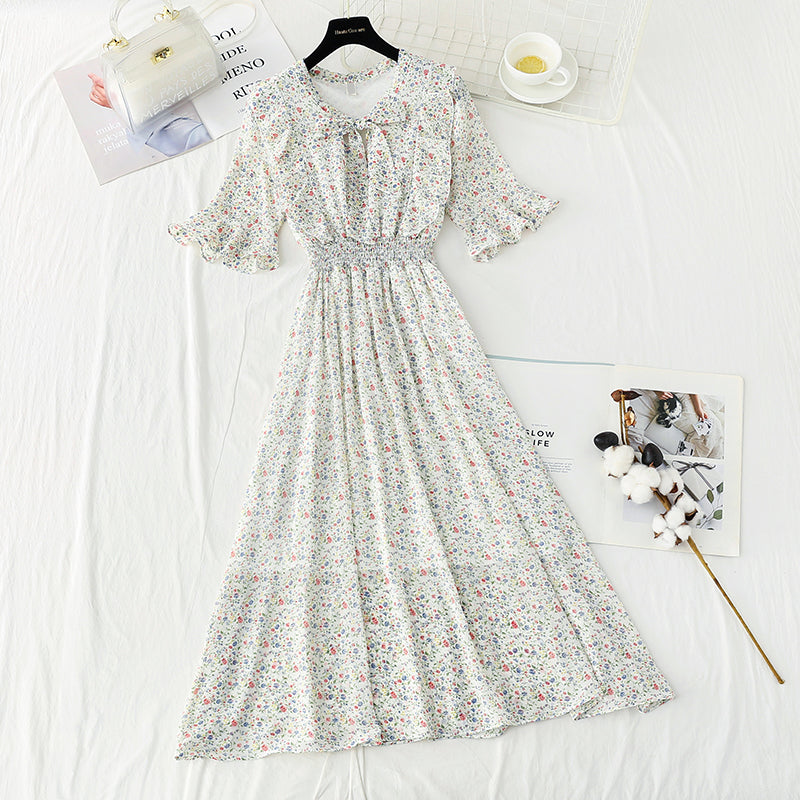 Slim tea break chiffon skirt retro floral long skirt  4892