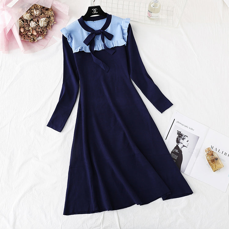 French retro long sleeve bottomed fungus edge knee length sweater skirt  3929