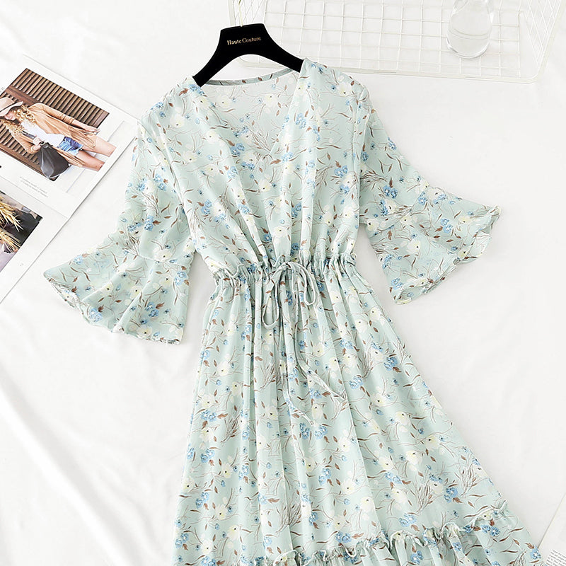 The new waist is slim, pleated lace up Chiffon French retro long skirt  4507