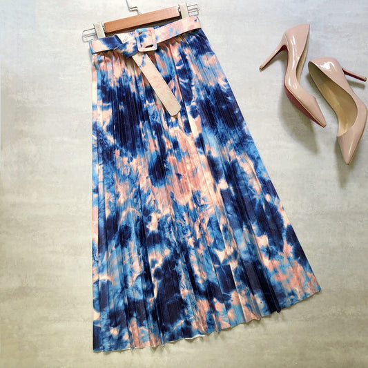 Hot skirt, tie-dyed splashed ink, printed belt, long pleated skirt in the stars  3691