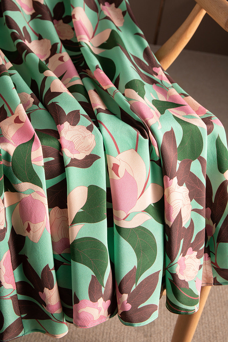 Jupe à imprimé floral, jupe trapèze en soie lourde, jupe midi 3634 