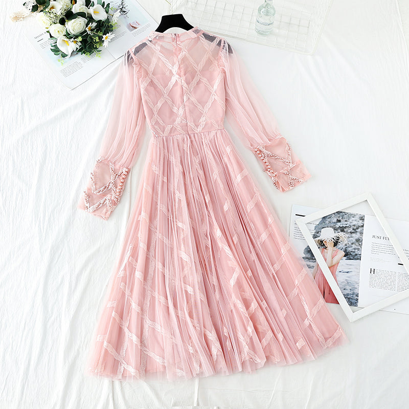 New style temperament, slim waist, sweet pearl Sequin mesh long skirt  4724