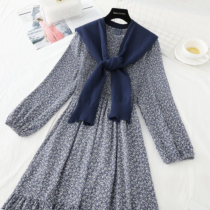 Long large skirt stitched small fresh floral dress with shawl  3880