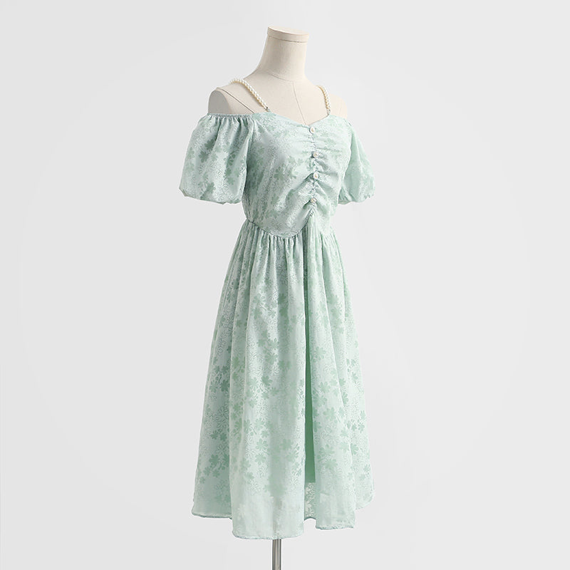French off shoulder suspender cotton linen dress  4293