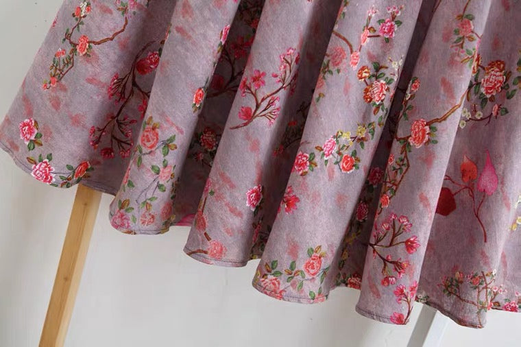 Jupe fleurie, jupe midi en coton et lin avec poche, jupe trapèze violette 3573