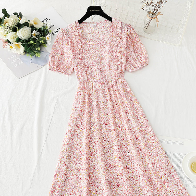 French first love sweet square neck bubble sleeve tea break skirt  4890