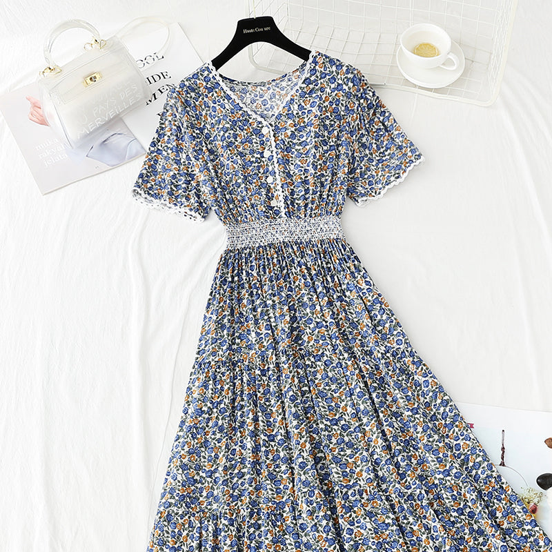Cotton linen dress female V-neck floral dress waist  4245