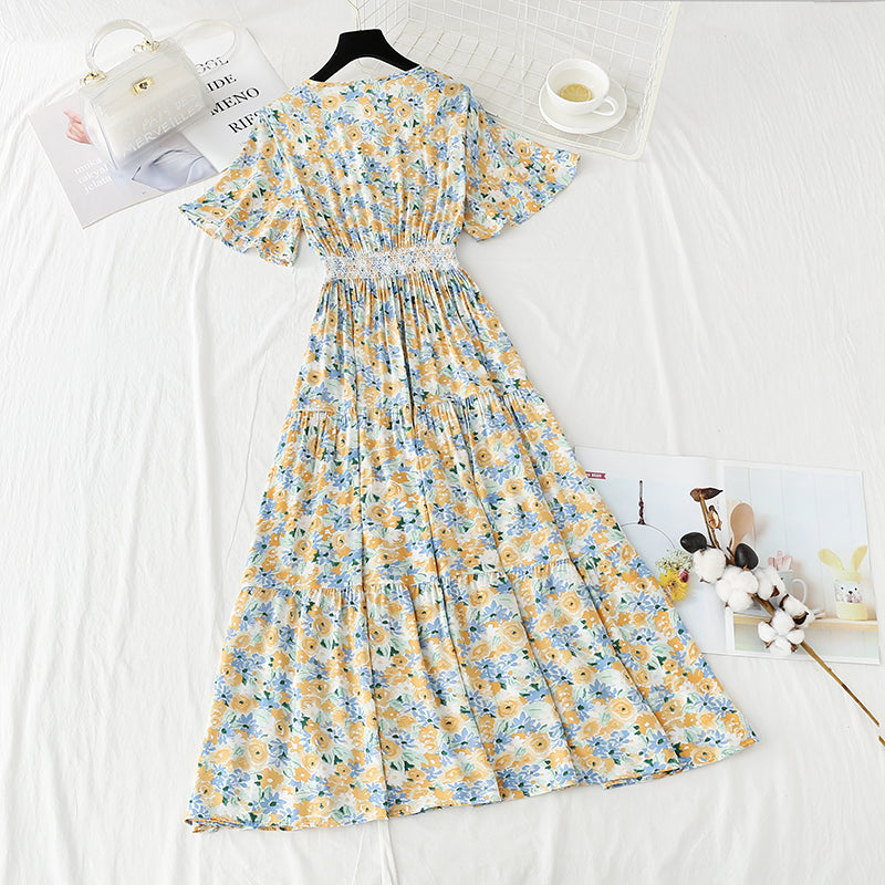 Neuer französischer sanfter Rock V-Ausschnitt, schmaler Rock mit floraler Taille 4234