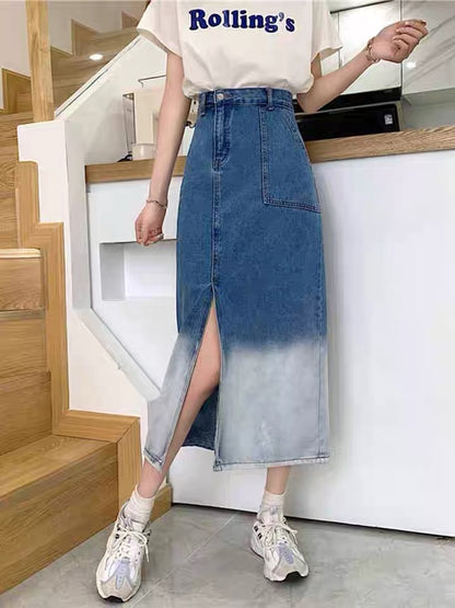 Irregular gradient denim skirt, high waist slit medium long skirt  3549