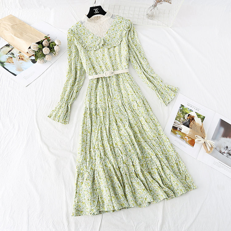 Floral Chiffon Dress Lace Collar fake two-piece bottom skirt  4006