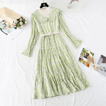 Floral Chiffon Dress Lace Collar fake two-piece bottom skirt  4006