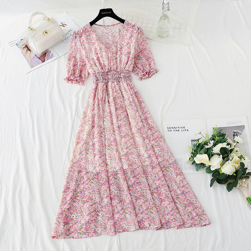 New French gentle V-neck Bubble Sleeve Chiffon fairy skirt  4876