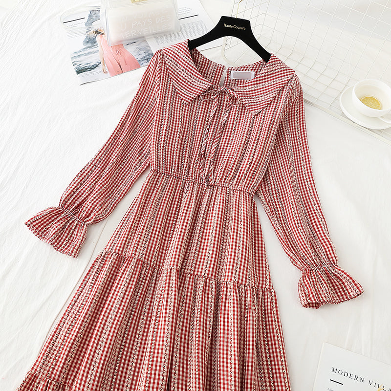 Long sleeve high waist thin French first love lattice fairy gentle dress  4721