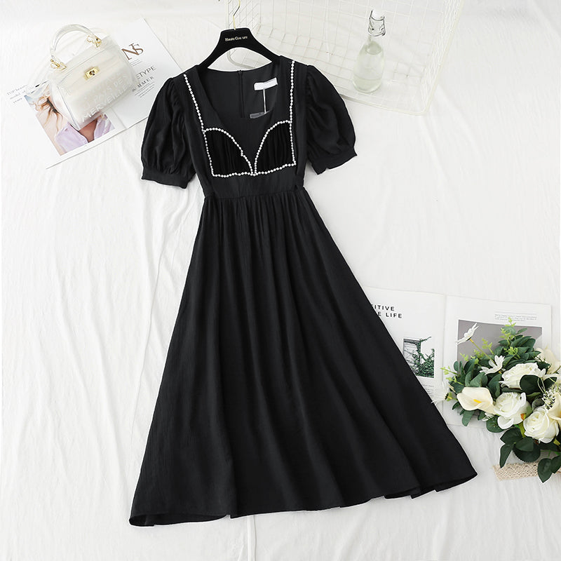 New French bubble sleeve small skirt square neck Fairy Dress  4867