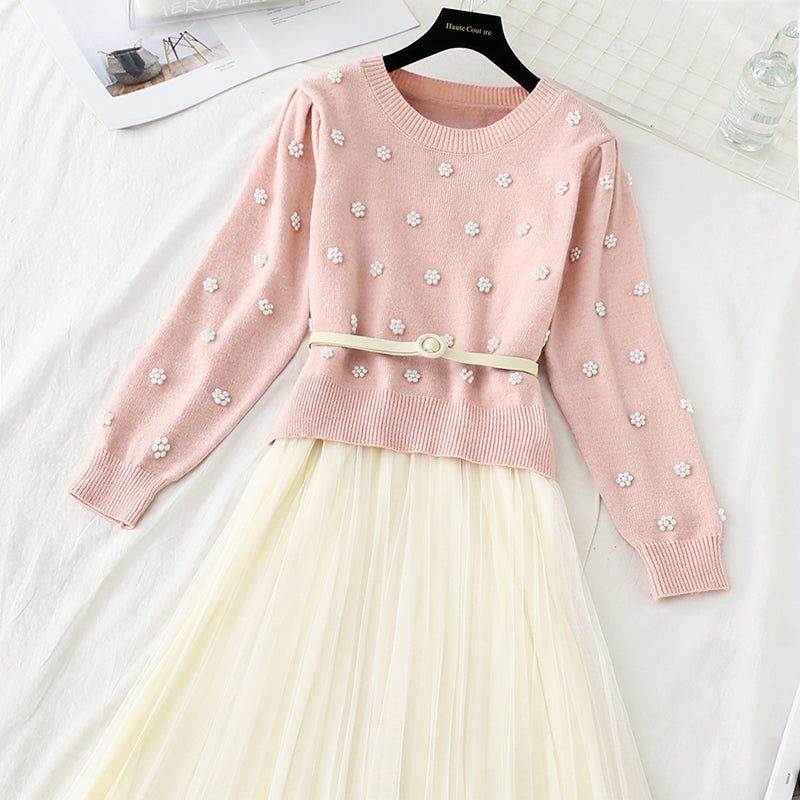 Knitted Pullover Sweater + mesh bottomed skirt medium length two piece suit  4773