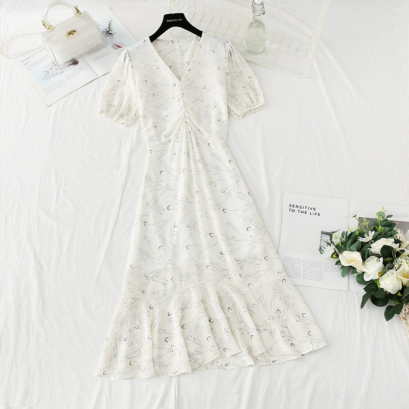 French V-neck slim Chiffon fishtail Ruffle Skirt  4853