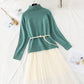High neck sweater knitted dress mesh two-piece suit skirt  3960
