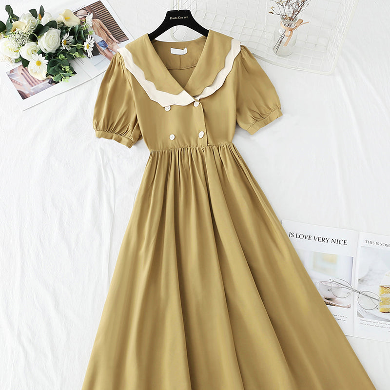 French retro doll collar bubble sleeve waist closing tea break skirt  4268