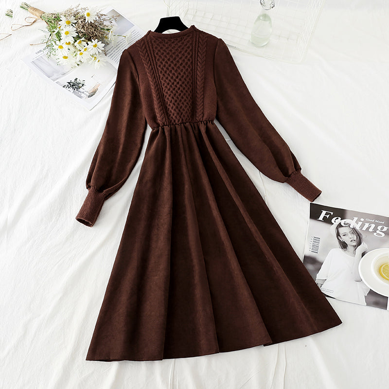 New V-neck twist knit stitched bubble sleeve knee length small black skirt  4760