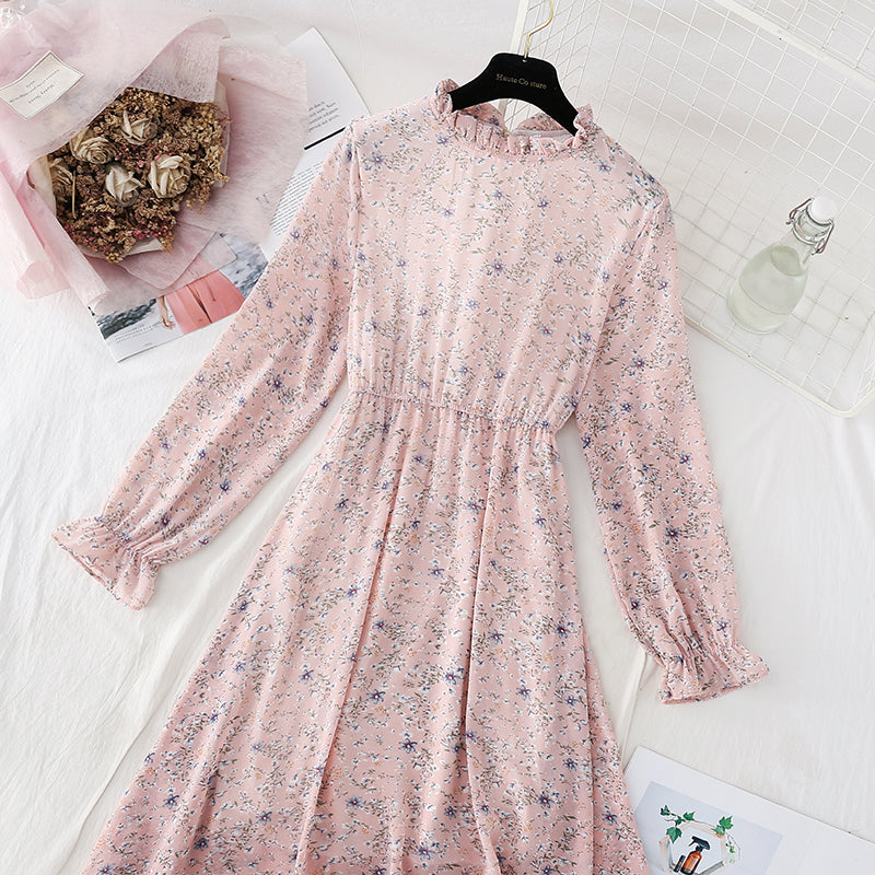 New style fungus Ruffle Skirt round neck slim Chiffon Dress  4834