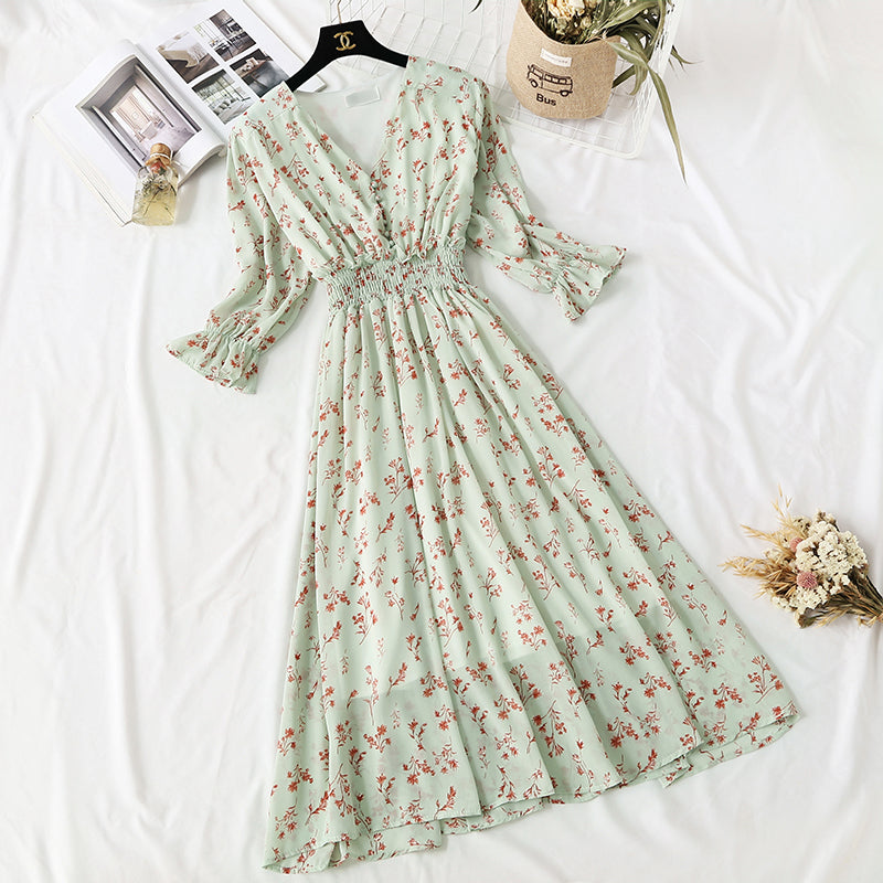 French minority Floral Chiffon Dress retro skirt waist slim  4475