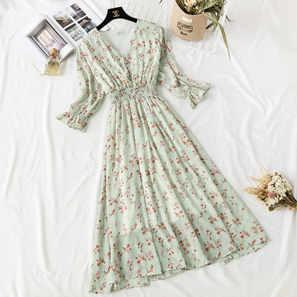 French minority Floral Chiffon Dress retro skirt waist slim  4475