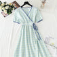 One piece cotton linen Plaid Dress waist closing temperament skirt  4262