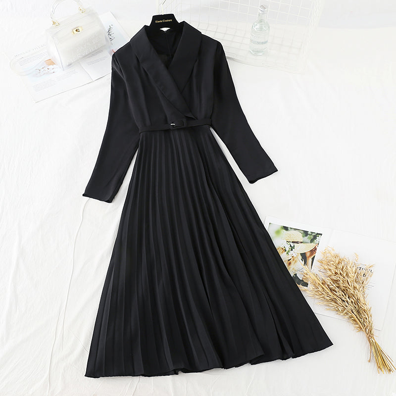 Slim waist, gentle wind dress, lapel, light familiar wind pleated skirt  3868