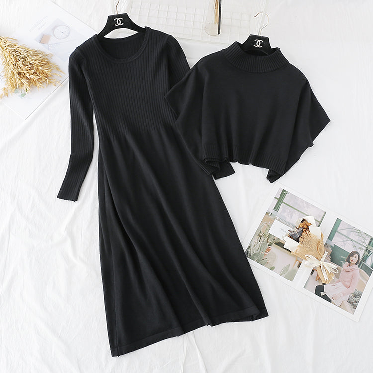 French retro waist closing thin temperament sweater long skirt suit  3943