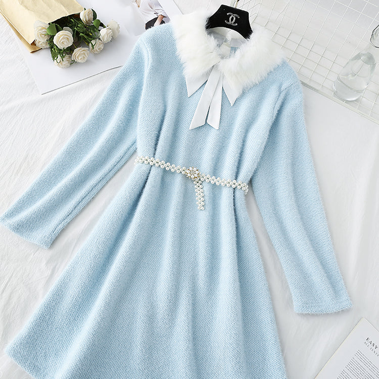 Seahorse wool knitted dress fake two pieces of stitched lace  4777