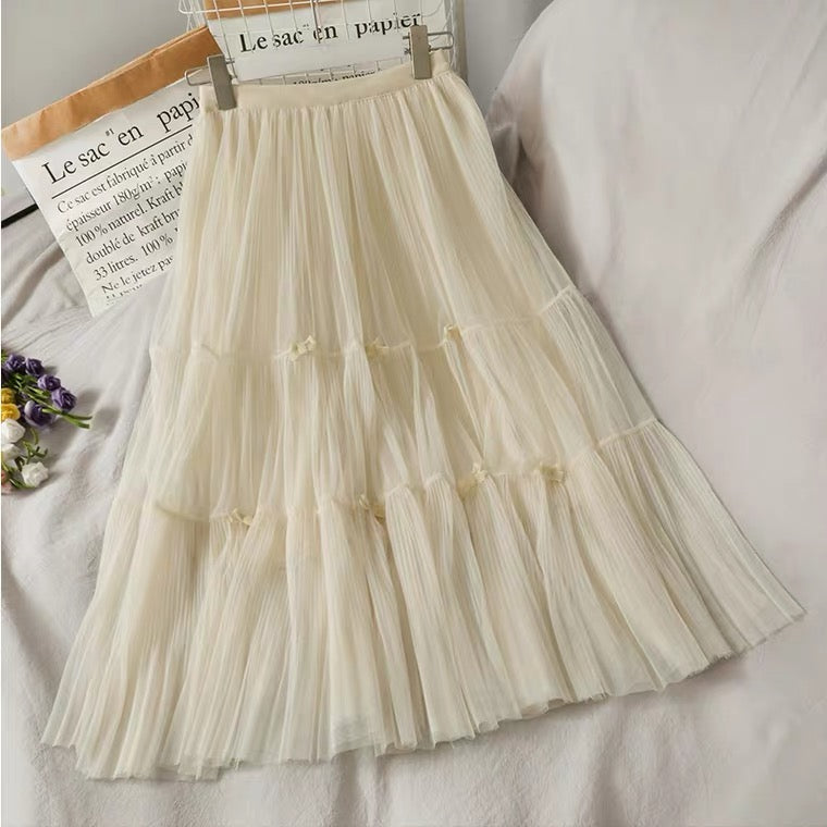 Super fairy bow decoration, splicing A-line skirt, sweet high waist tulle skirt  3603