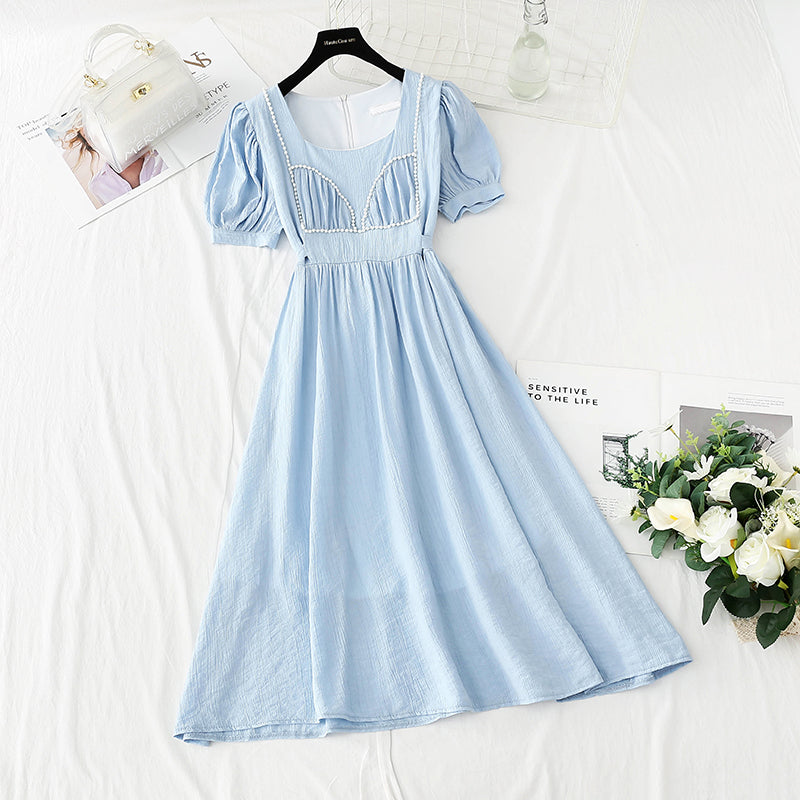 New French bubble sleeve small skirt square neck Fairy Dress  4867