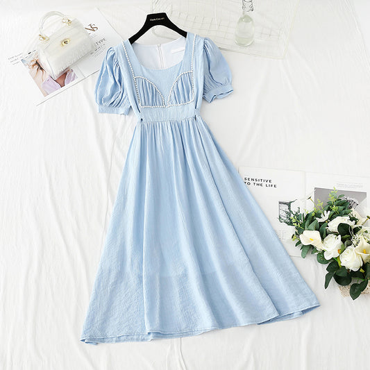 New French bubble sleeve small skirt square neck Fairy Dress  4867