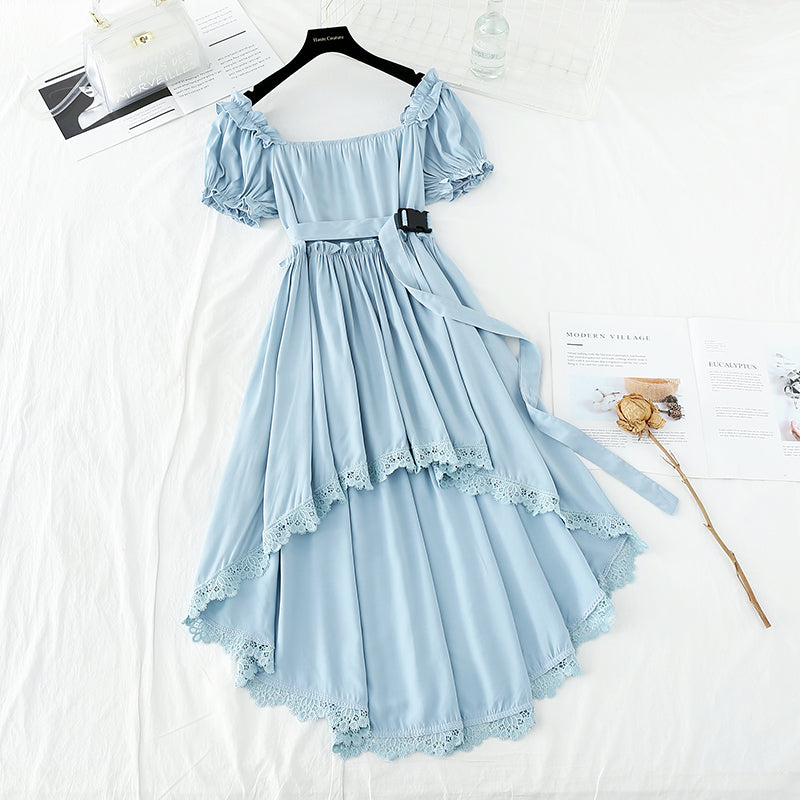 Narrow waist, thin bubble sleeve temperament, sweet white irregular skirt  4194