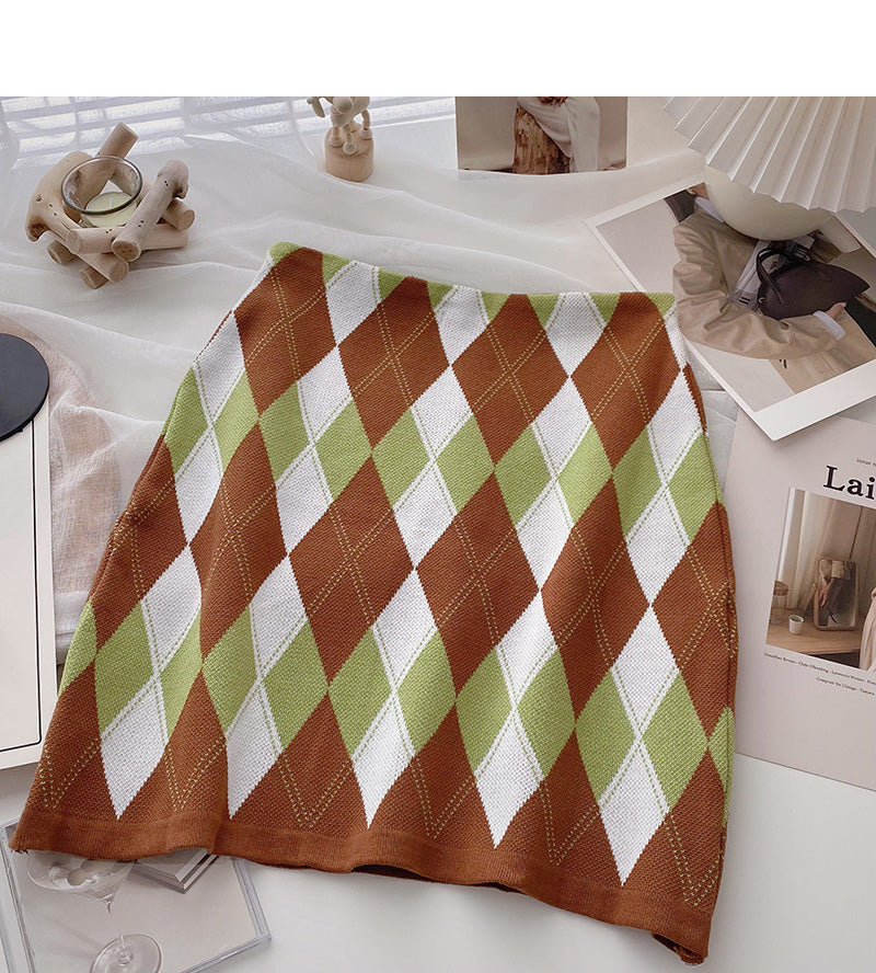Retro lazy contrast color rhombic lattice Thin High Waist Hip Wrap Skirt  5369