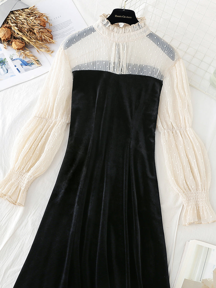 Lantern sleeves light luxury celebrity style thin skirt  4789