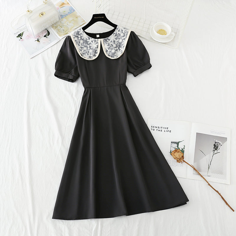 Lace doll Neck Chiffon Dress with slim waist  4855