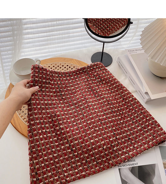 Jupe en tweed à carreaux vintage, taille haute, coupe trapèze, 5274