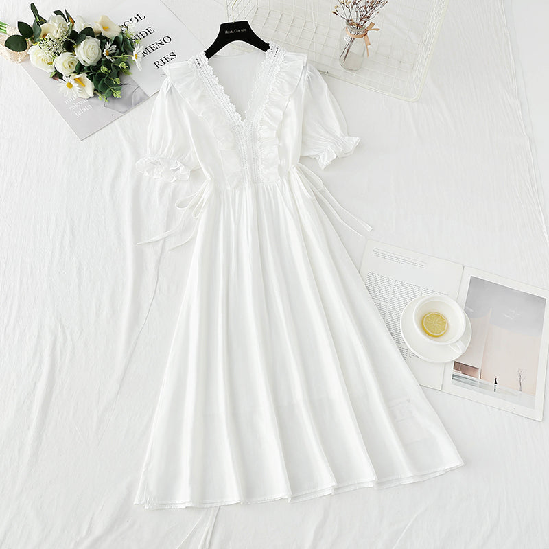 Cotton linen dress French gentle V-neck lace skirt  4887