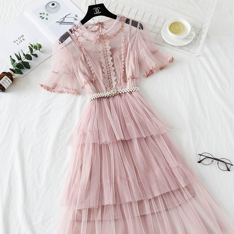Mesh dress high waist layered cake skirt  4338