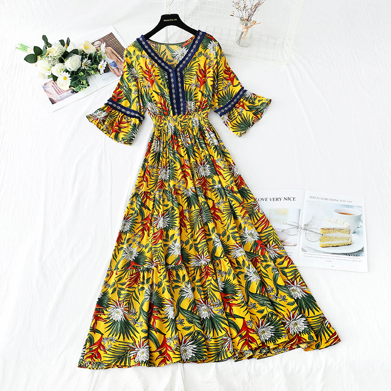 V-neck temperament slim waist long skirt seaside resort beach skirt  4257