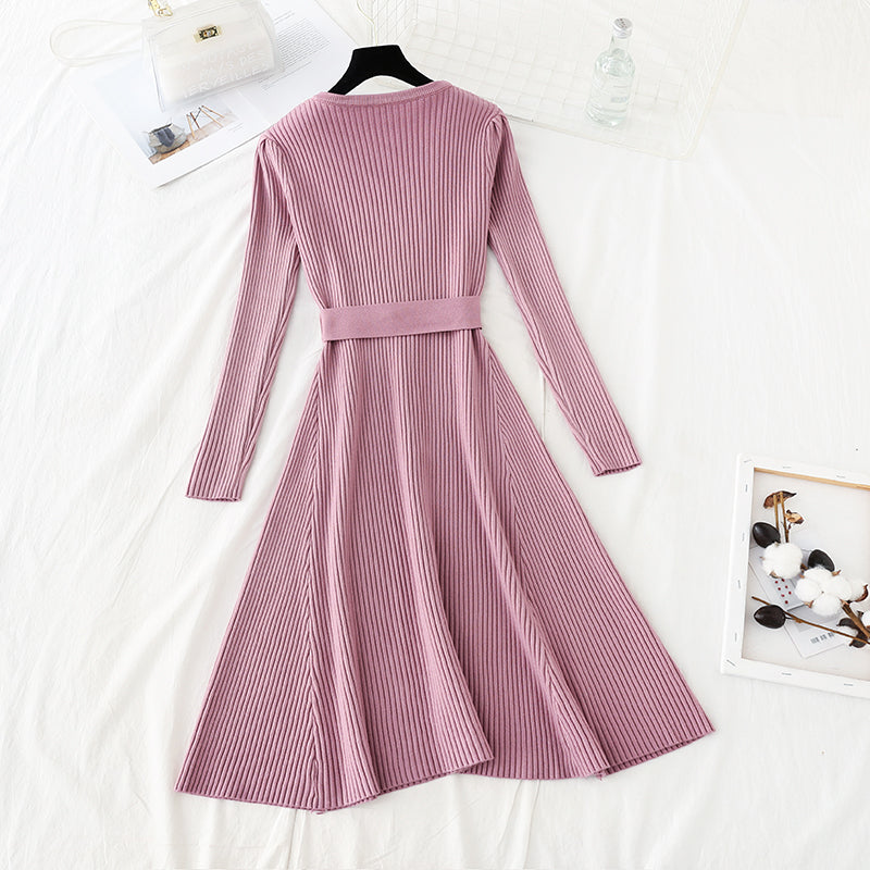 Hollow out pearl button slim waist over knee wool dress  4751