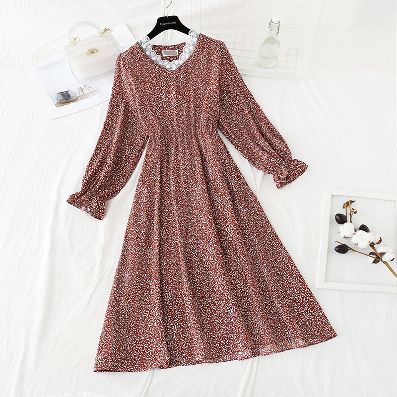 Korean cut waist lace up floral dress looks thin and bottomed skirt  4840
