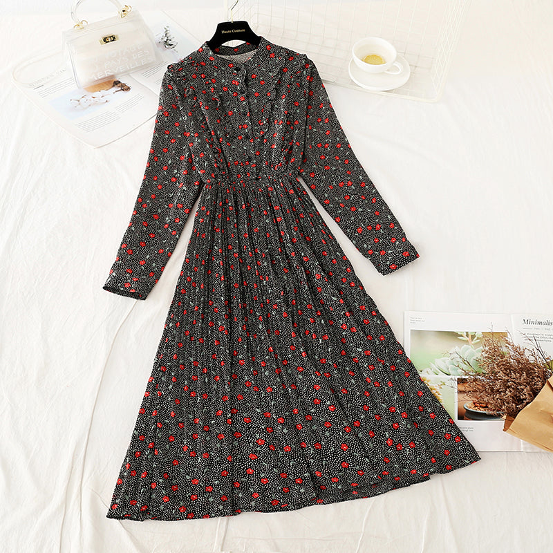 French Floral Chiffon pleated long skirt fairy super fairy series  3926