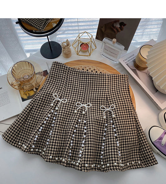 Design sense nail bead a-word high waist slim fashion thousand bird check short skirt  5512