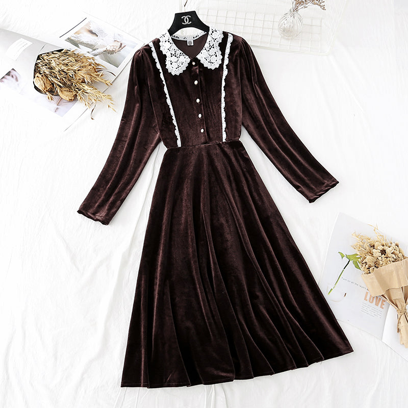 New lace doll neck light familiar French retro skirt  4024