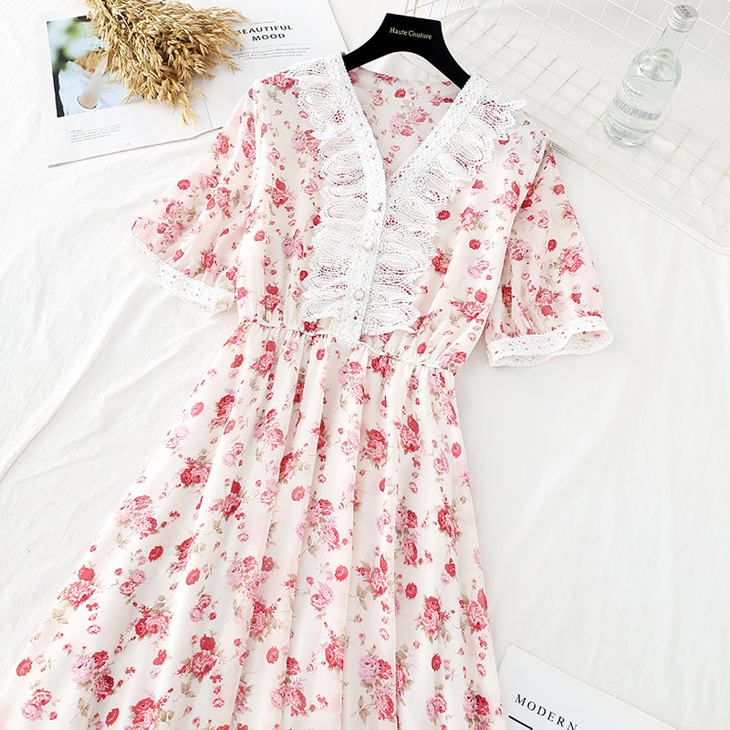 New soft wind floral skirt, slim waist, French minority dress  4643